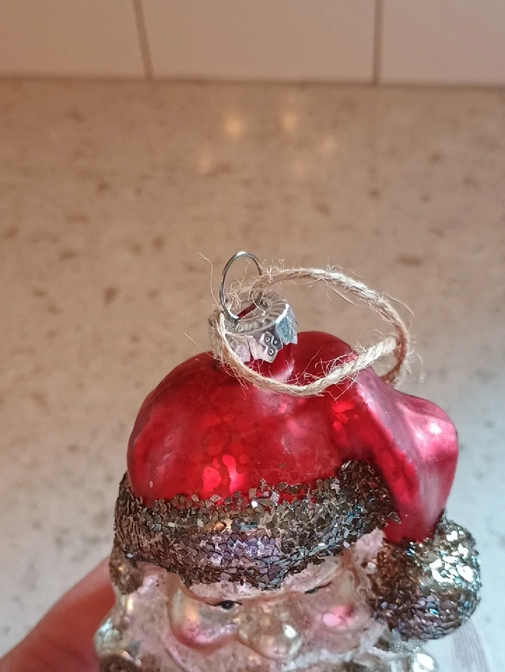 Pottery Barn Santa Ornament in Red and Silver